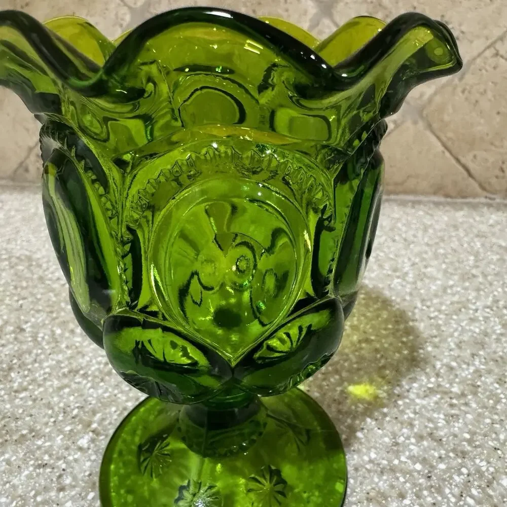 Vintage LE Smith Green Moon & Stars‎ Ruffled Footed Open Vase Compote 5 3/4